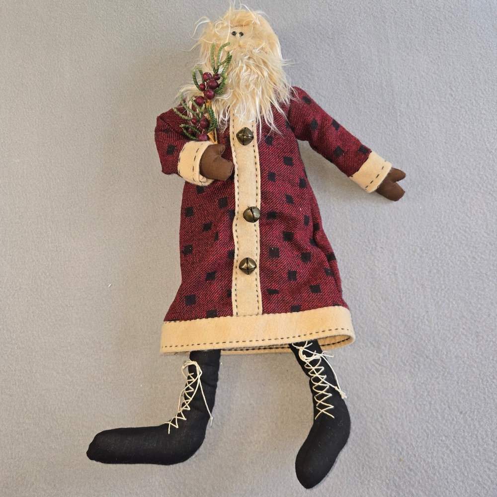 Unbranded Primitive Santa Claus Doll Unisex OS Burgundy Checkered Folk Art 23in